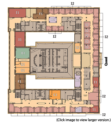 Third Floor Rooms available: One 41-55 capacity classroom at $100,000; two departmental advising suites at $50,000 each; Four department head/TA suites at $50,000 each; forty individual faculty and staff offices at $25,000 each; one video lab at $50,000; three computer/video labs at $25,000 each; three 4-10 capacity conference rooms at $25,000 each.